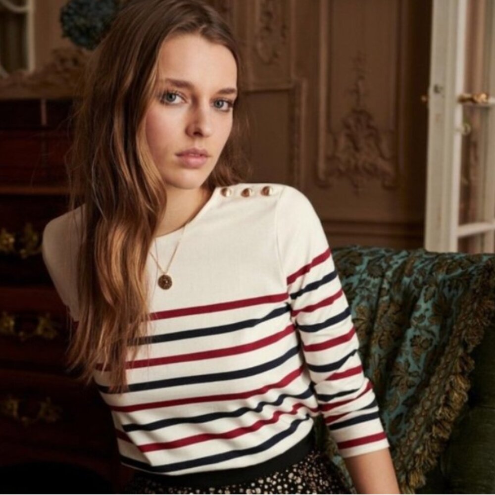 SEZANE Loic Mariniere Striped Top Shirt Black Burgundy Stripe 3/4 sleeve